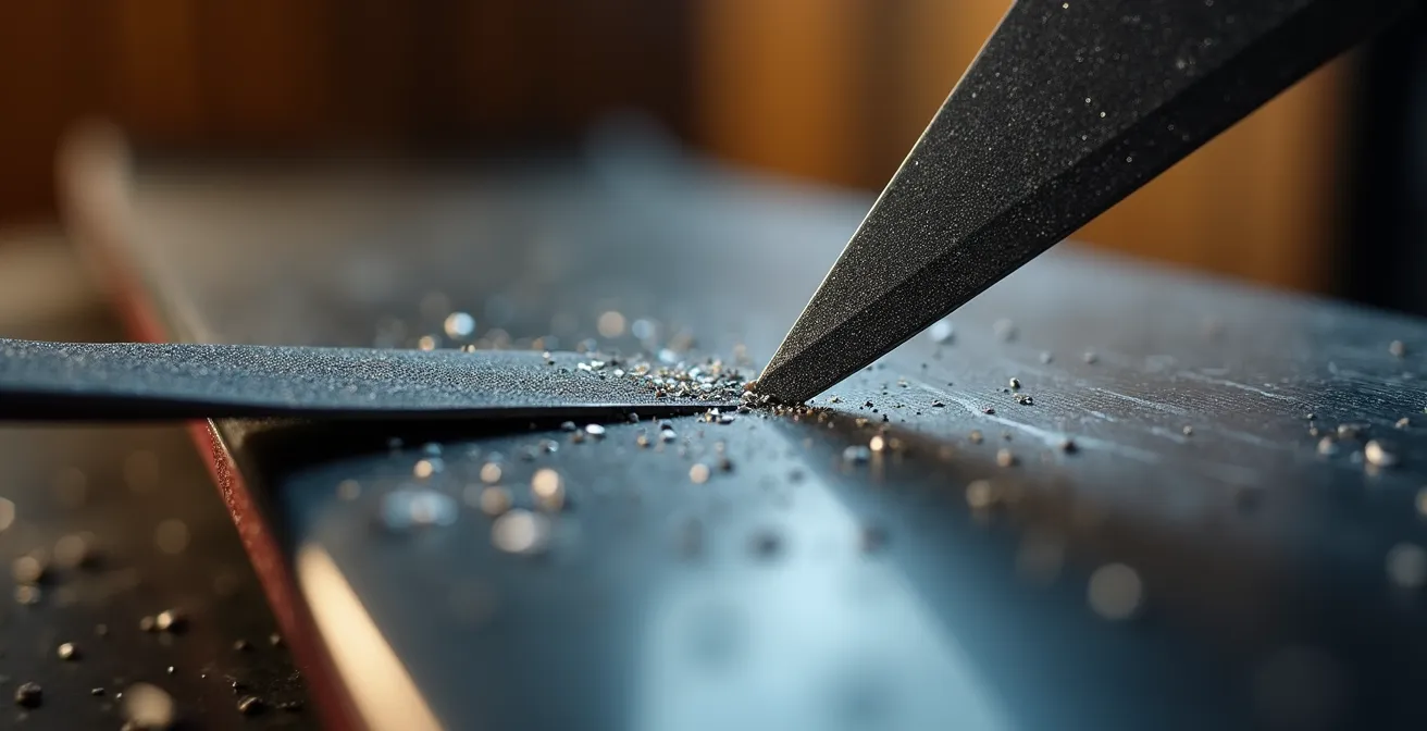 Gros plan macro sur l'affûtage d'une carre de ski avec une lime diamantée