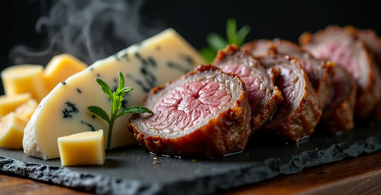 Plateau de dégustation présentant de l'agneau de Charlevoix grillé accompagné de fromages fins québécois