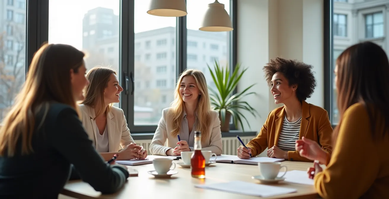 Groupe d'employés multiculturels participant à un atelier de français dans un espace de travail lumineux