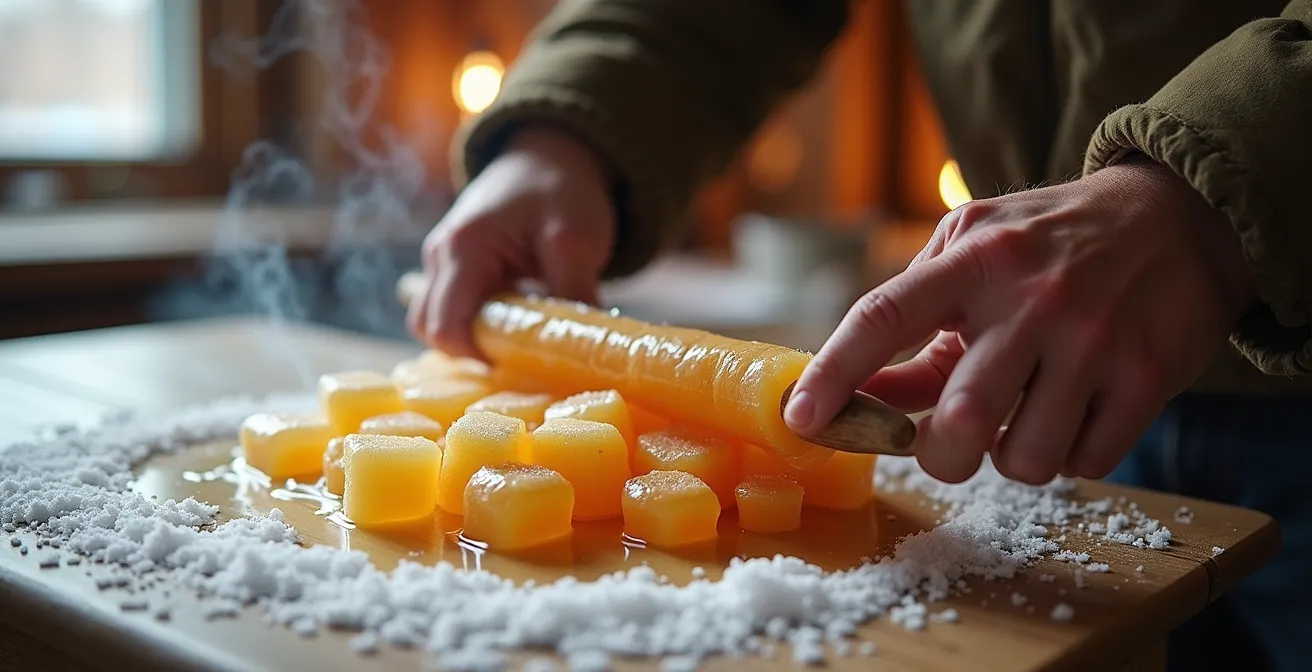 Tire d'érable sur la neige dans une ambiance de cabane à sucre traditionnelle
