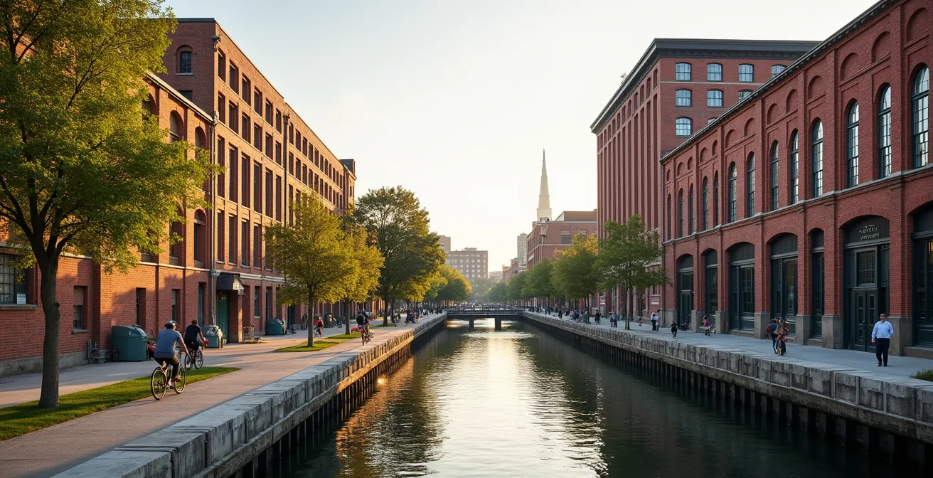 Vue du Canal de Lachine avec anciens bâtiments industriels reconvertis