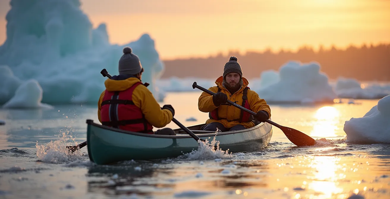 Canoteurs naviguant entre les glaces sur le fleuve Saint-Laurent en hiver