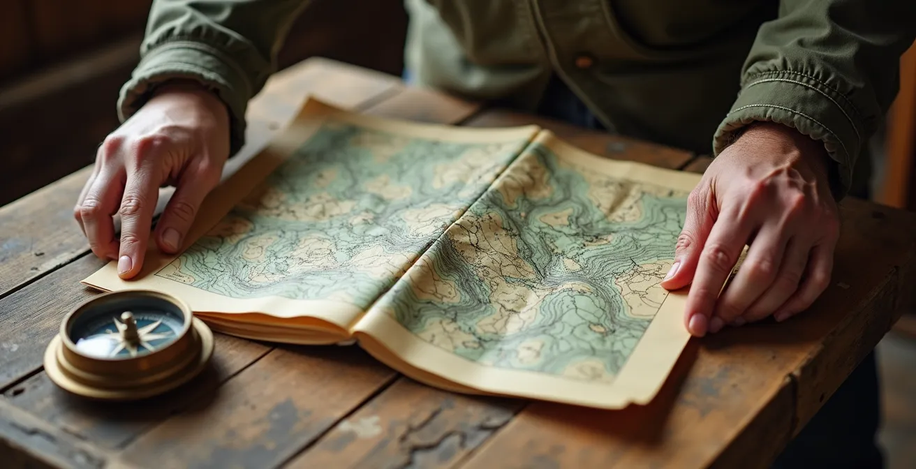 Mains d'un randonneur expérimenté tenant une carte topographique et une boussole sur une table en bois, planifiant une aventure.