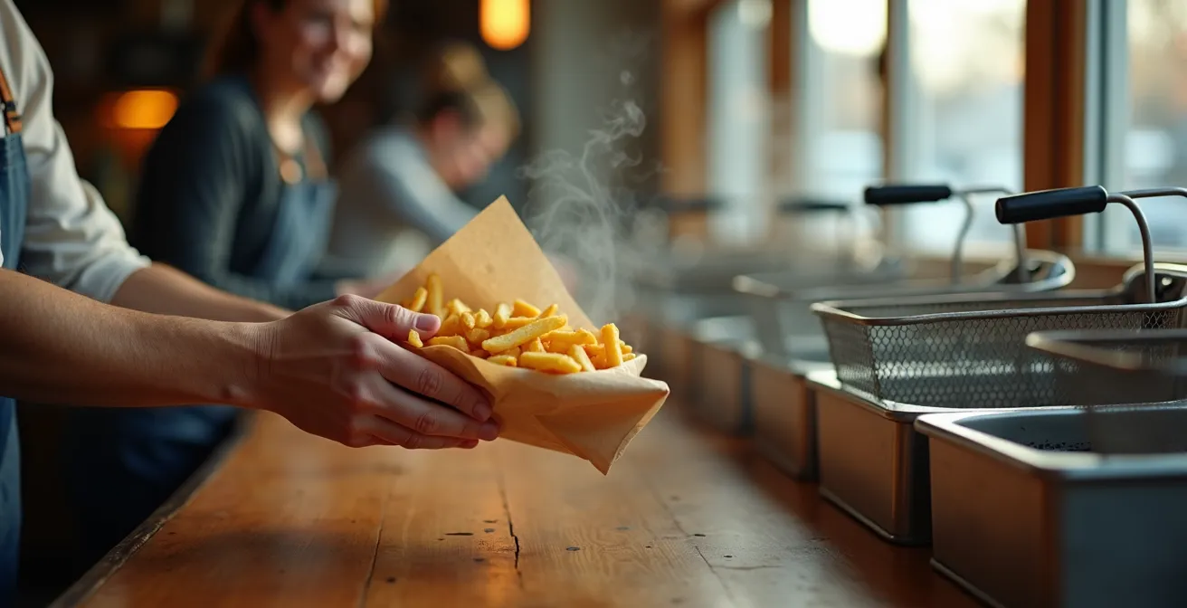 Vue en contre-plongée d'un comptoir de casse-croûte traditionnel québécois