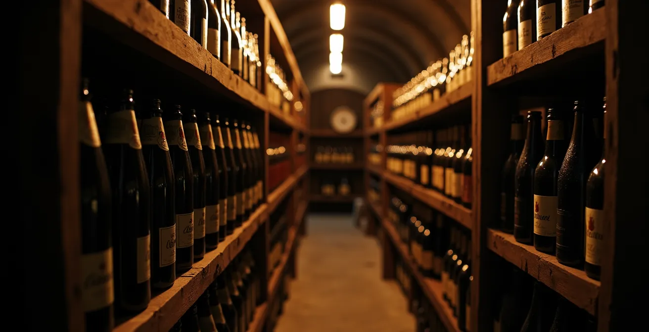 Cave à cidre avec bouteilles rangées dans l'obscurité et lumière tamisée