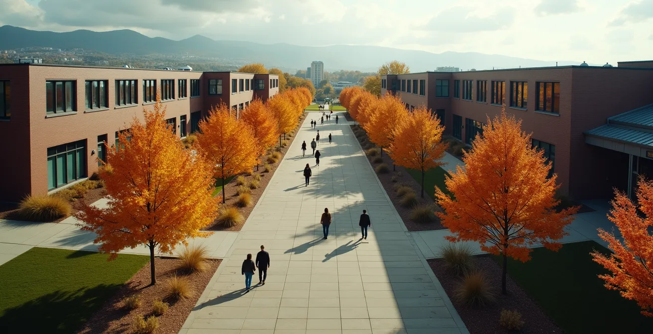 Vue aérienne minimaliste d'un campus de CÉGEP québécois avec étudiants