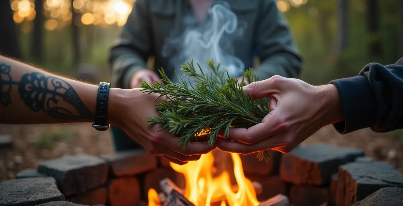 Mains autochtones tenant délicatement des branches de sapin baumier au-dessus d'un feu sacré