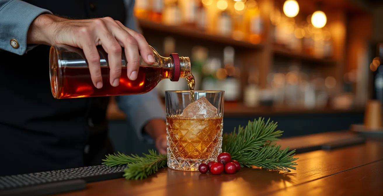 Cocktail artisanal préparé avec des spiritueux québécois et garni d'herbes boréales