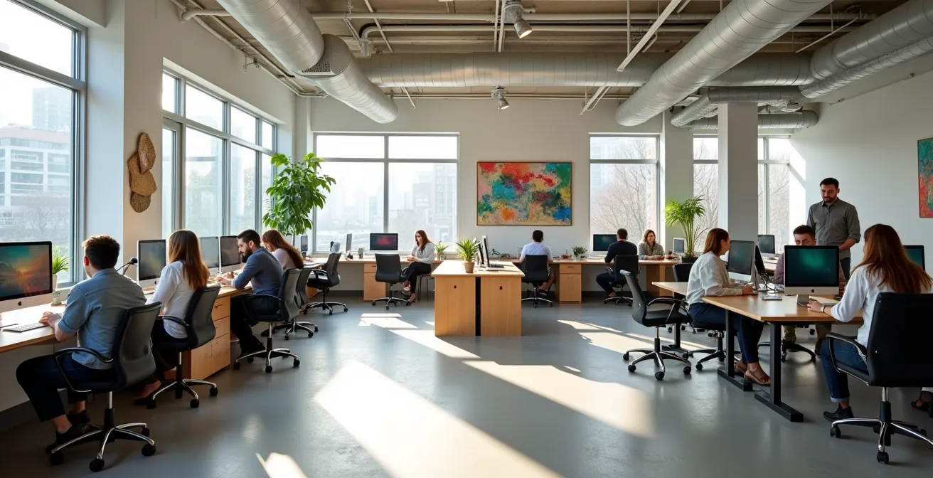 Échange professionnel entre collègues de diverses origines dans un bureau moderne