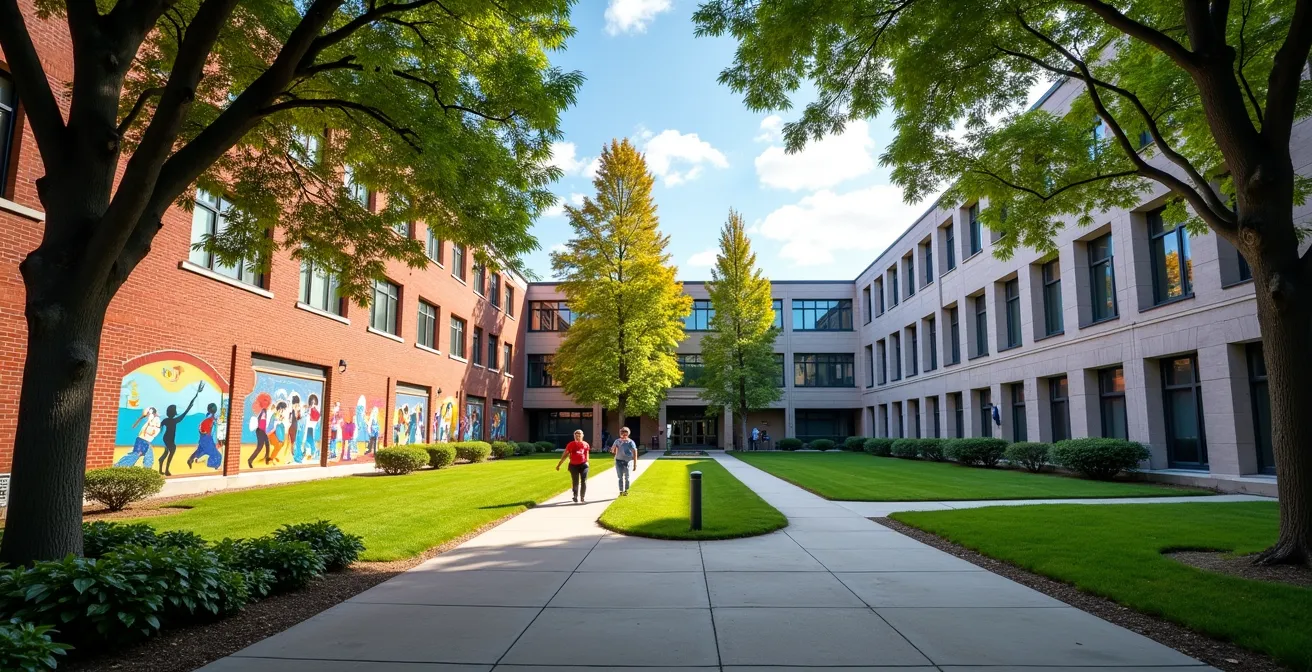 Deux bâtiments scolaires côte à côte représentant les options publique et privée au Québec