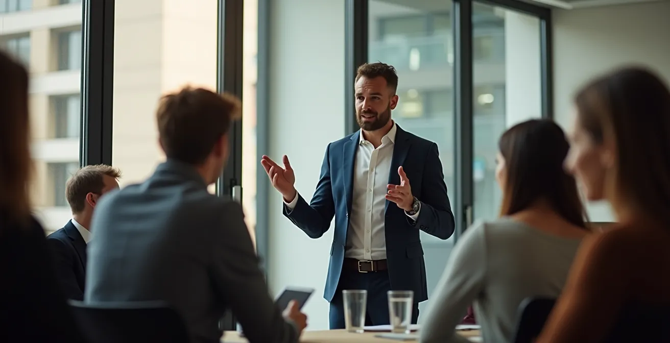 Entrepreneur présentant devant un groupe d'investisseurs dans un bureau moderne de Montréal