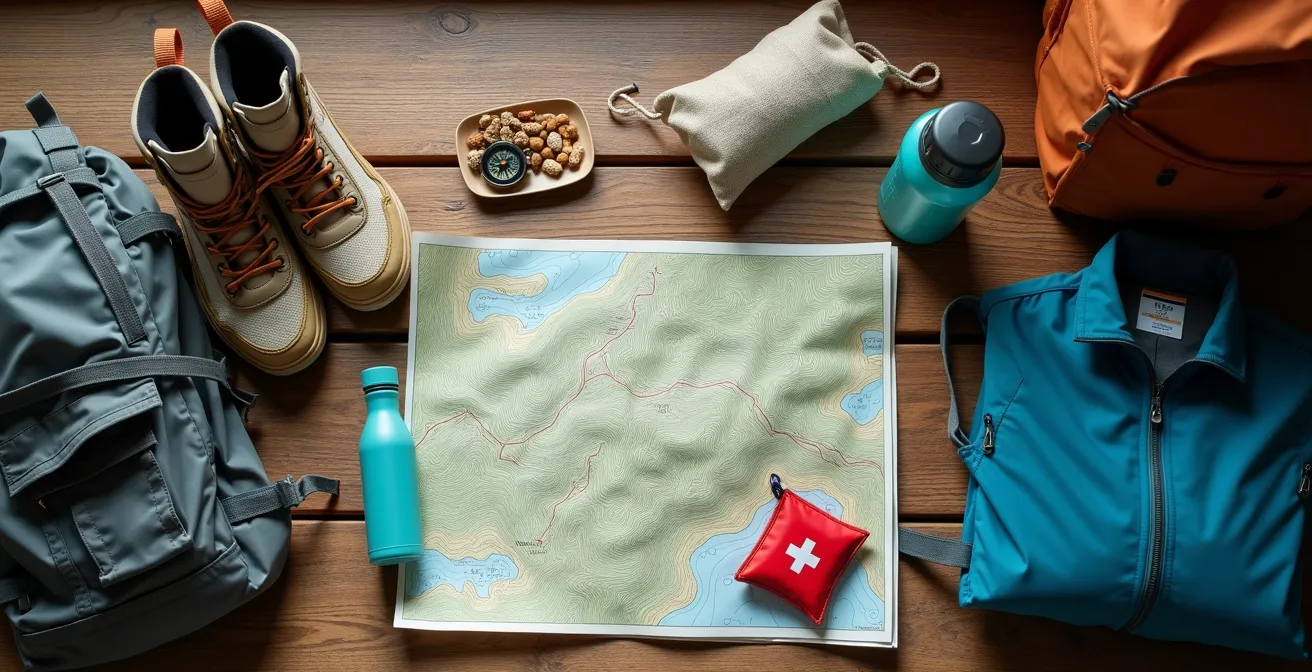 Équipement de randonnée pour débutant disposé sur une carte topographique