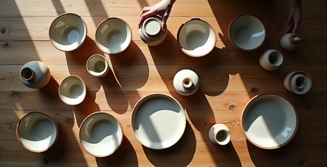 Pièces de céramique artisanale disposées sur une table en bois sous lumière naturelle pour évaluation