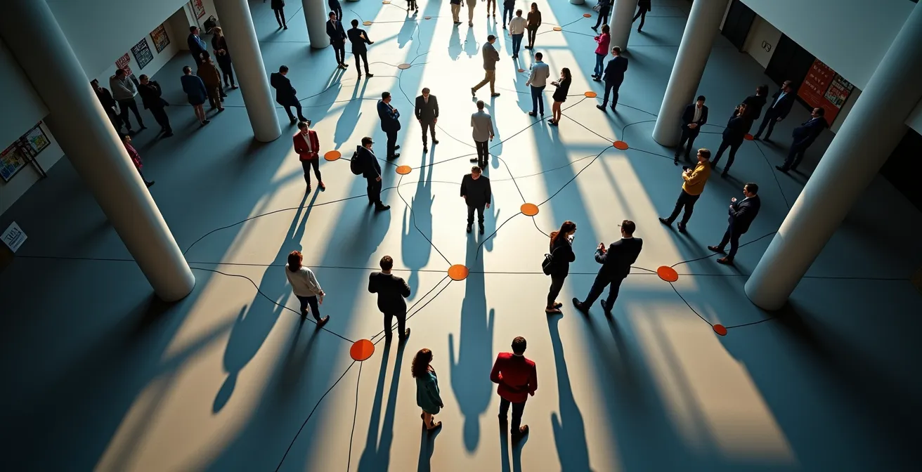 Vue en plongée d'un événement de réseautage entrepreneurial dans un espace moderne