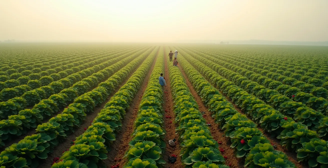 Vue aérienne d'une famille récoltant des fraises dans un champ québécois avec rangées géométriques