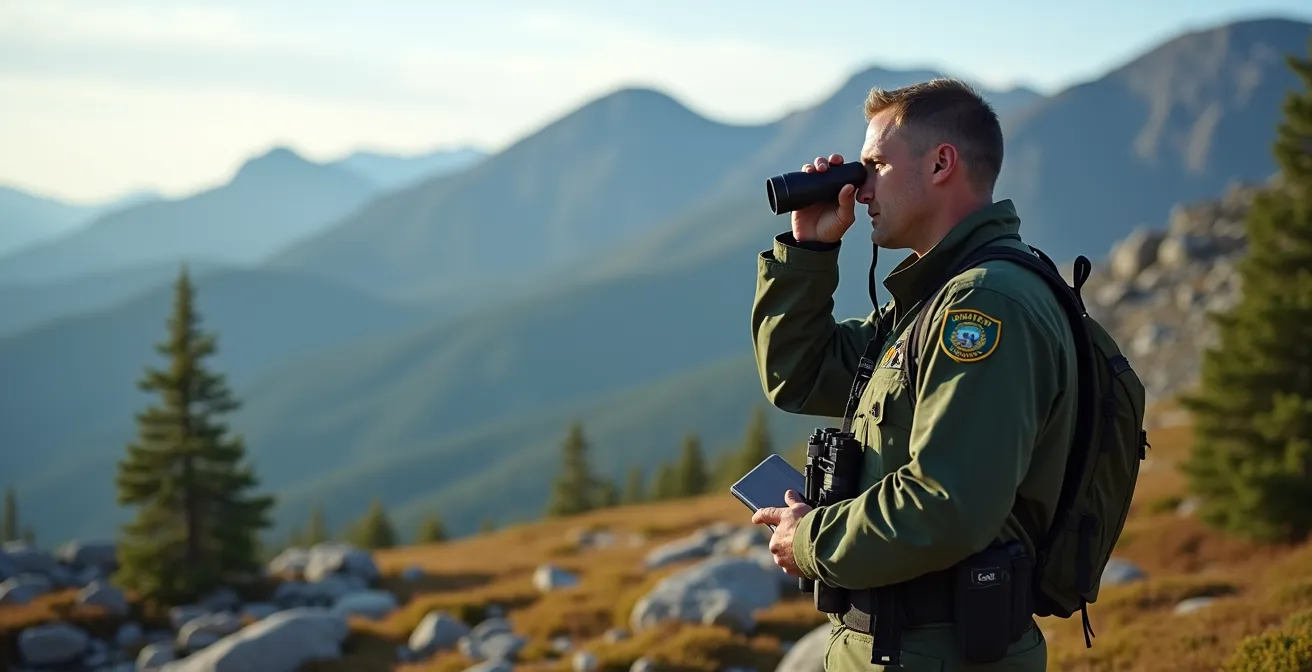 Garde-parc naturaliste observant un troupeau de caribous à distance respectueuse dans la toundra alpine