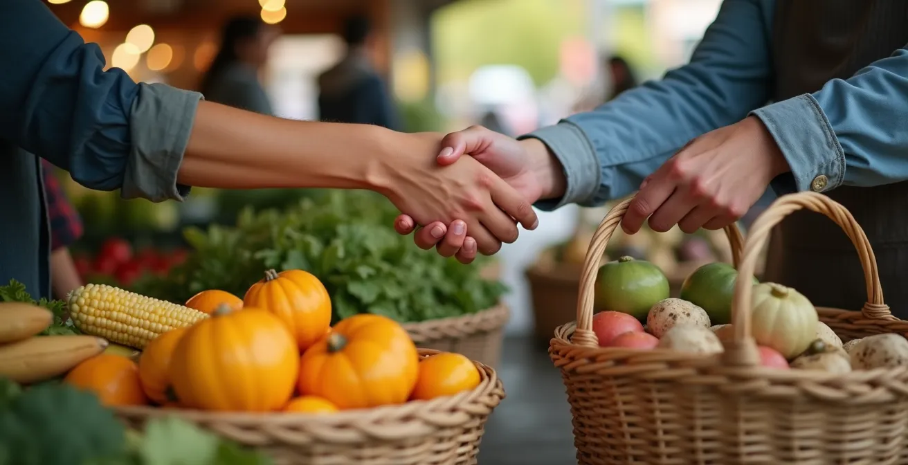 Mains échangeant des produits locaux au marché avec panier de légumes québécois