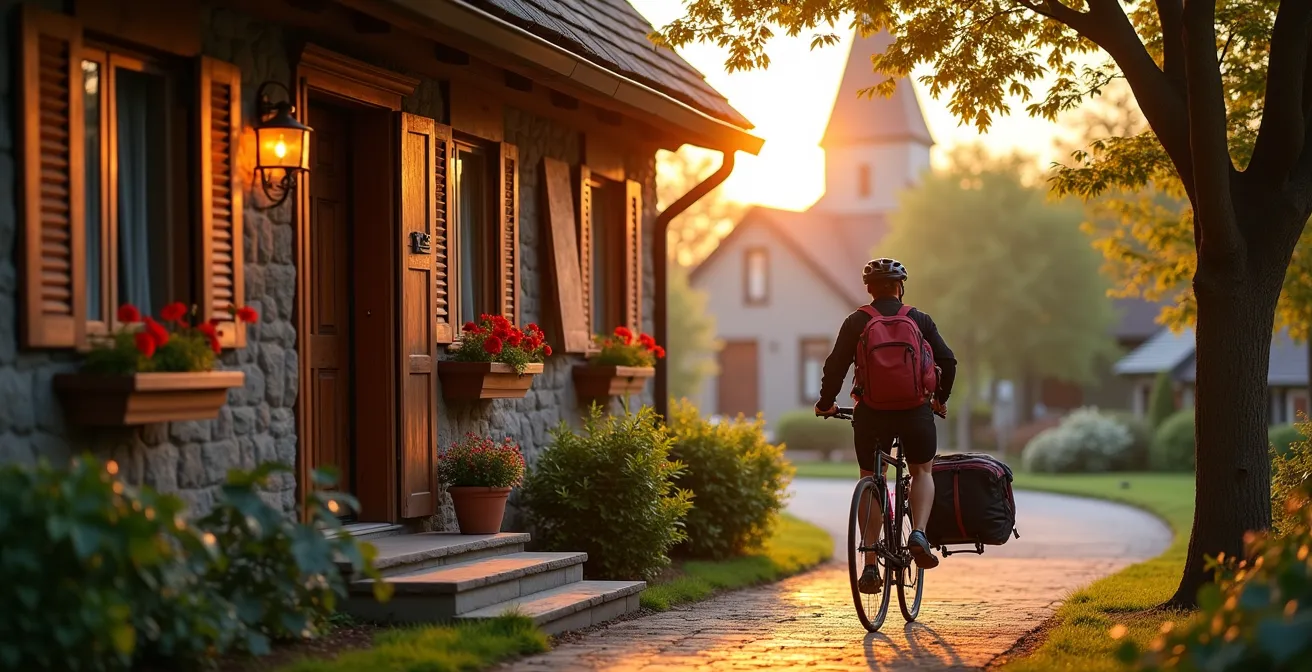 Entrée accueillante d'un gîte québécois avec support à vélos et jardins