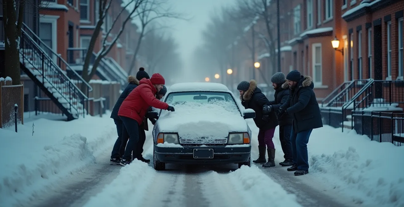 Voisins s'entraidant pour déneiger une voiture dans une rue résidentielle enneigée de Montréal