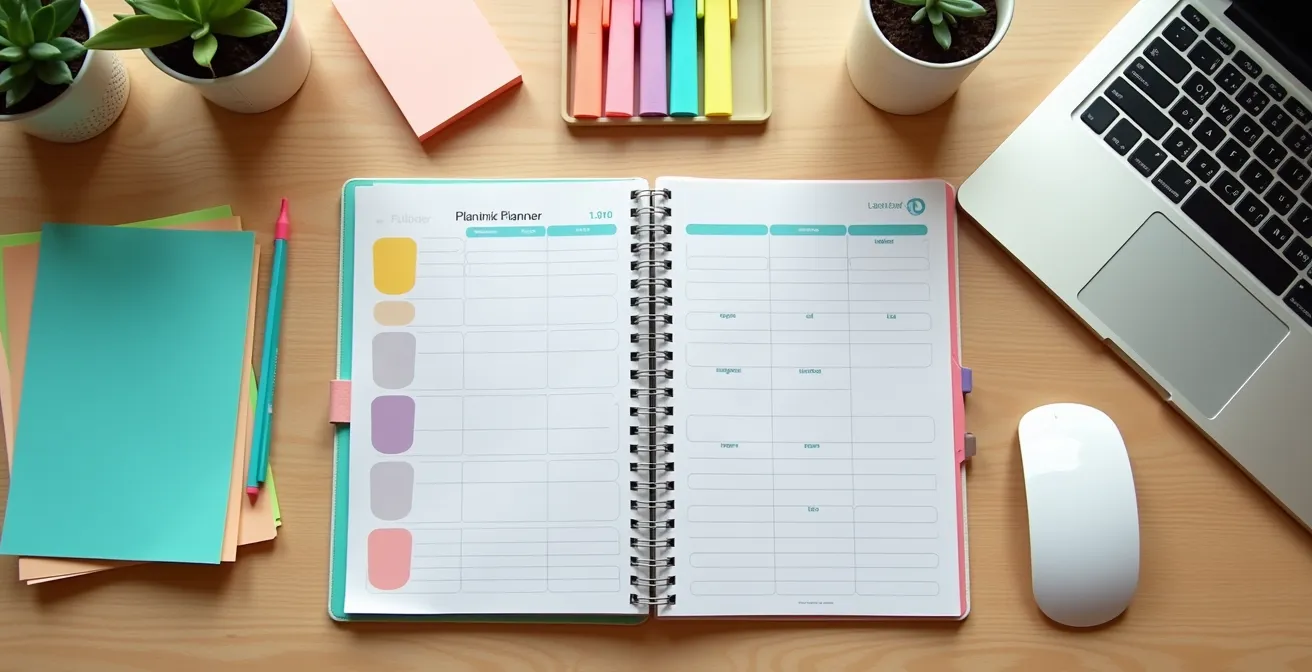 Vue aérienne d'un bureau d'adolescent avec agenda coloré et matériel scolaire organisé