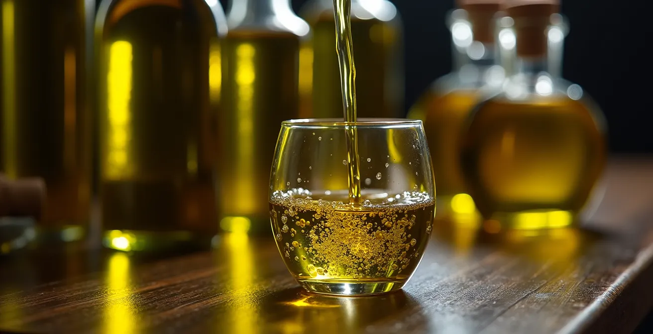 Bouteilles d'huile d'olive artisanales disposées sur une table en bois avec lumière dorée