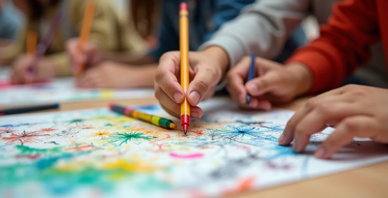 Gros plan sur des mains d'enfants de diverses origines travaillant ensemble sur un projet scolaire