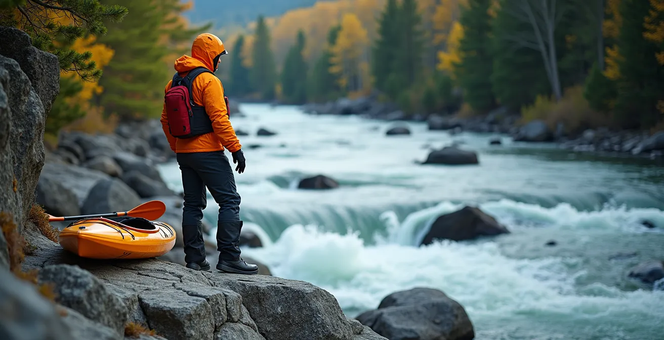 Kayakiste observant un rapide depuis la berge rocheuse d'une rivière québécoise