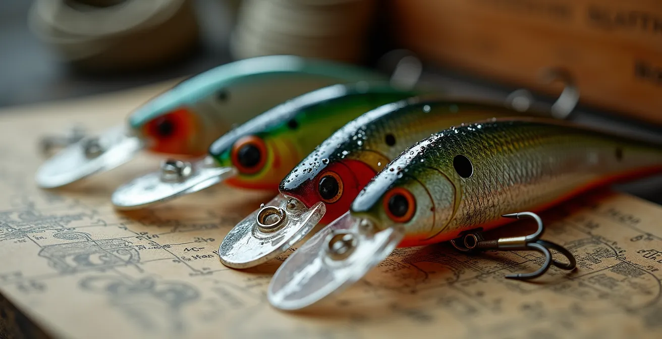 Vue macro de trois leurres de pêche posés sur une carte bathymétrique, détails des textures métalliques