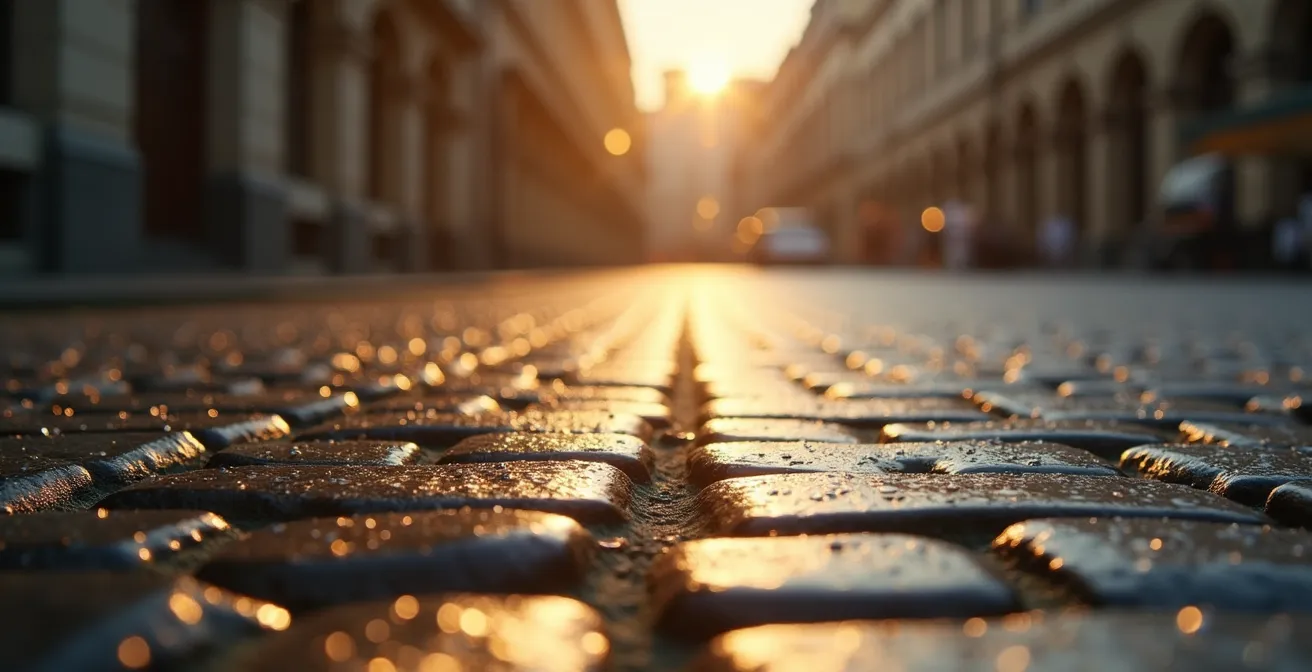Lumière dorée du matin sur les pavés et façades anciennes du Vieux-Québec