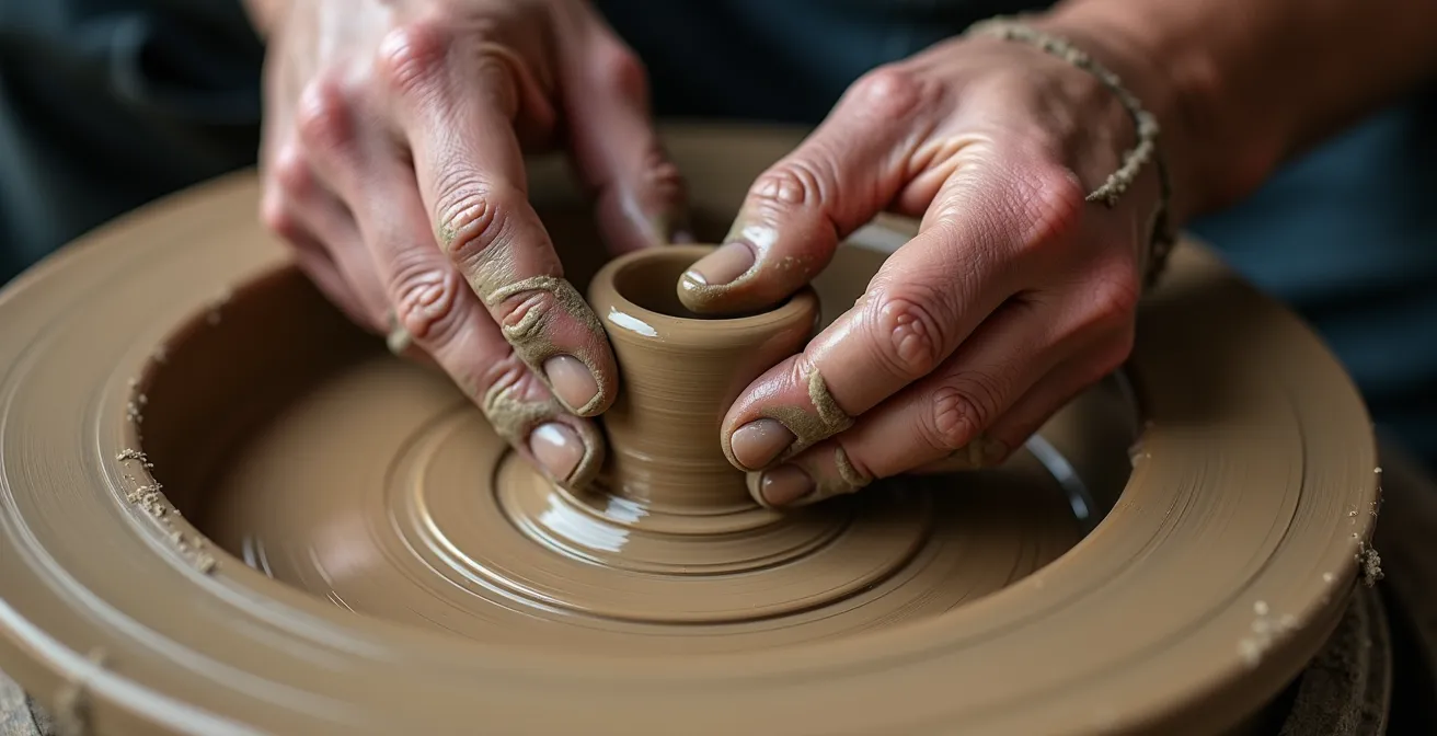 Gros plan des mains d'un artisan façonnant une pièce de céramique sur un tour de potier