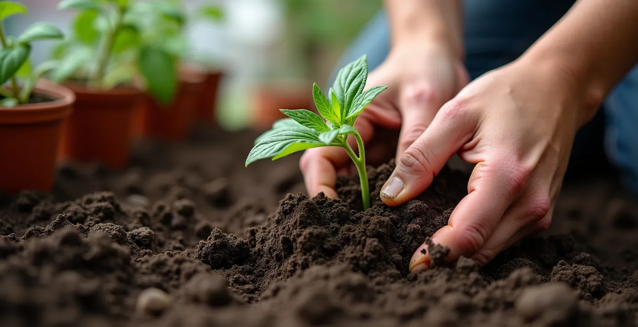 Gros plan sur des mains plantant un jeune plant de tomate dans un pot sur un balcon urbain