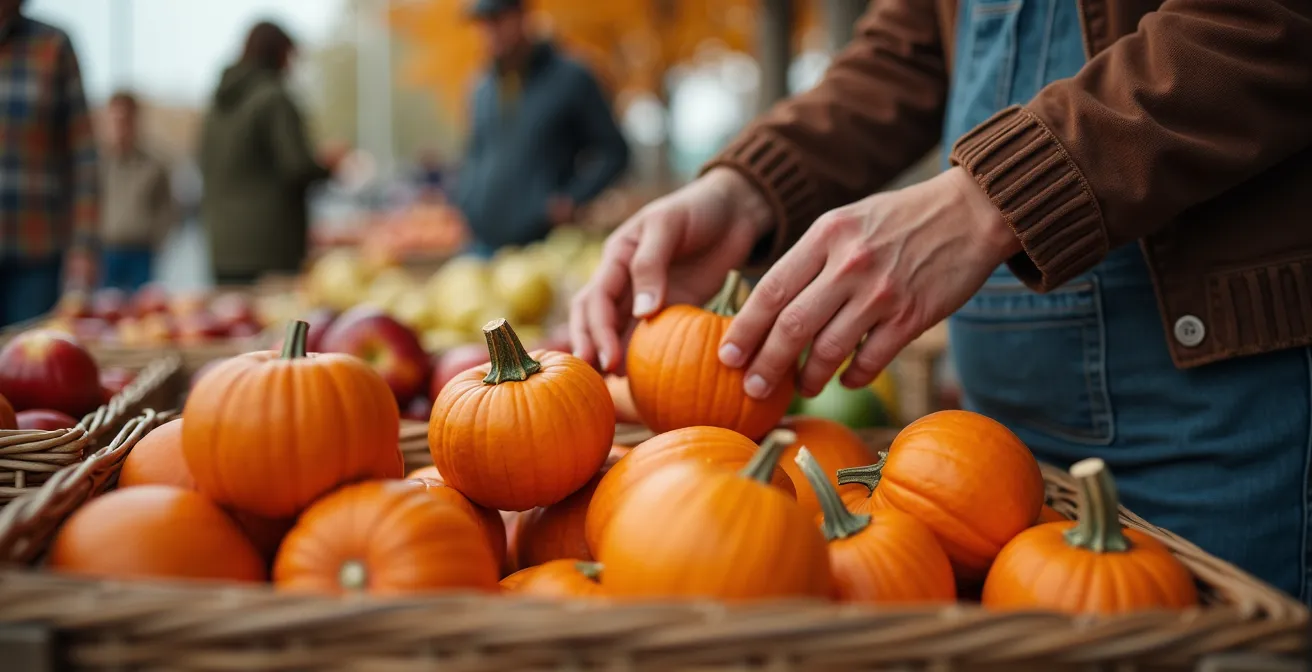 Marché fermier québécois avec étalage coloré de produits locaux en automne
