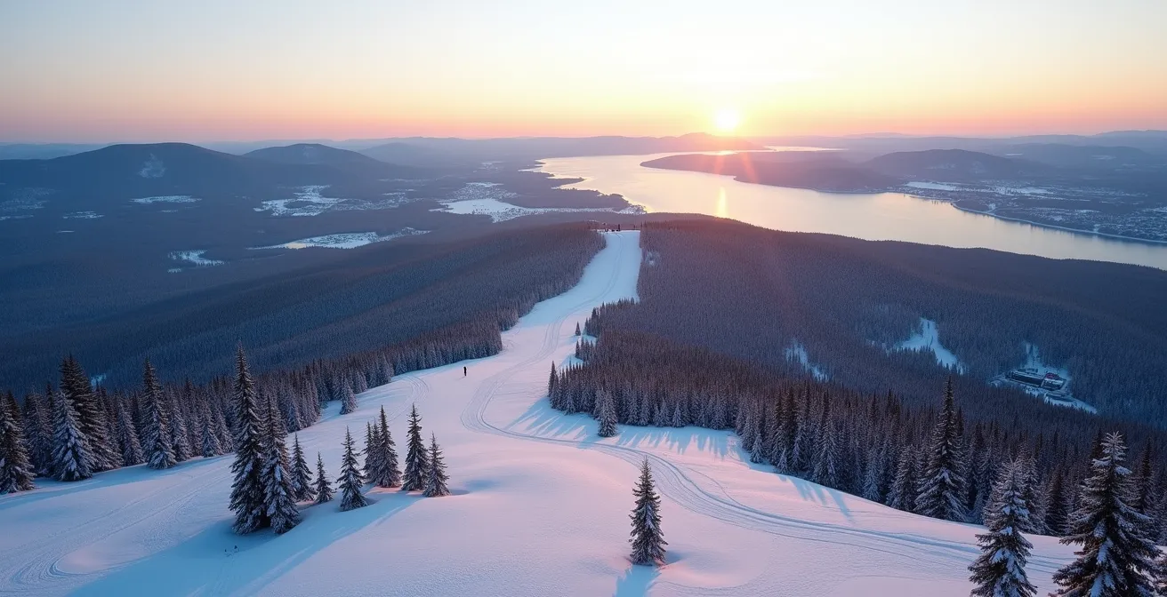 Vue panoramique d'une station de ski québécoise surplombant le fleuve Saint-Laurent au coucher du soleil