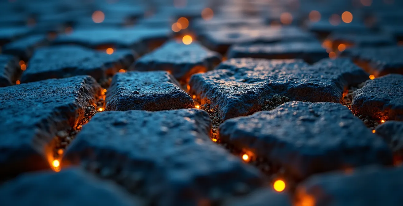 Vue macro détaillée d'une texture de pierre historique éclairée la nuit