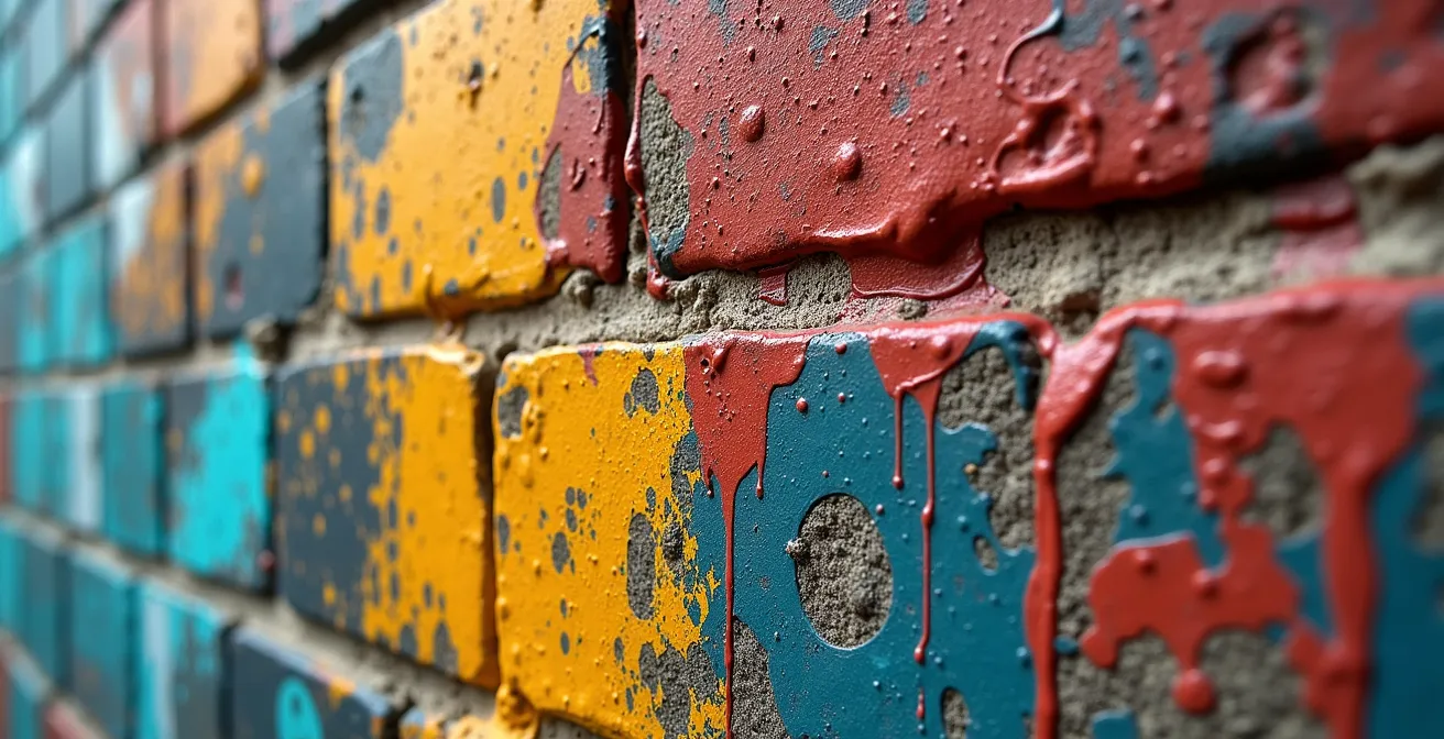 Mur de briques montréalais montrant plusieurs couches de street art superposées