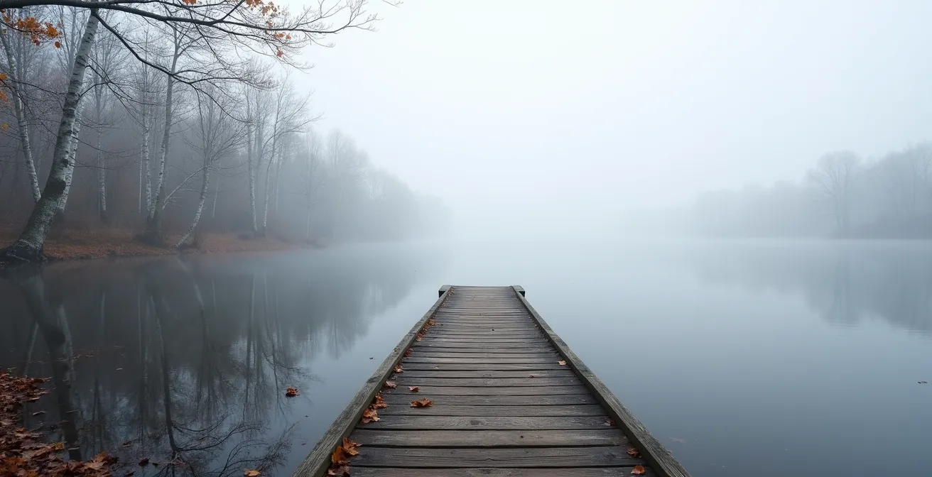 Lac brumeux entouré de forêts dénudées dans les Laurentides en novembre