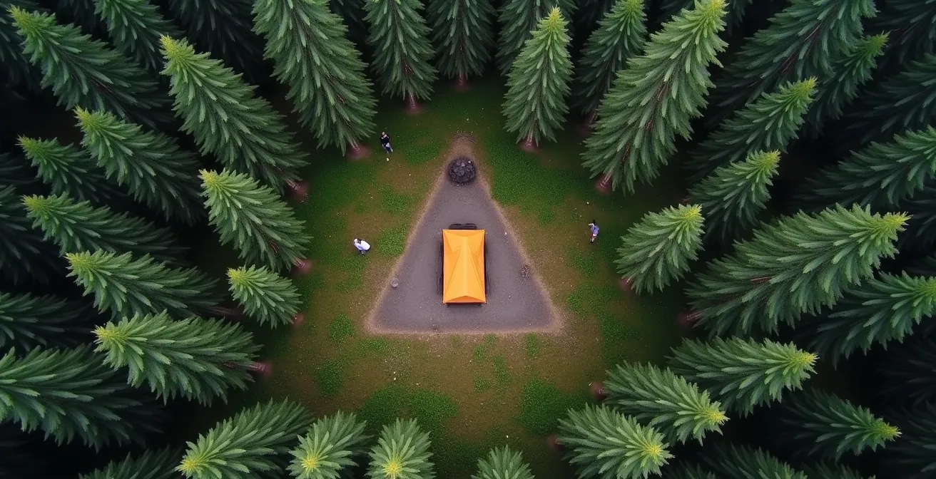 Vue aérienne d'un campement montrant le triangle de sécurité anti-ours avec sac suspendu dans un arbre, loin de la tente et de la zone de cuisson.
