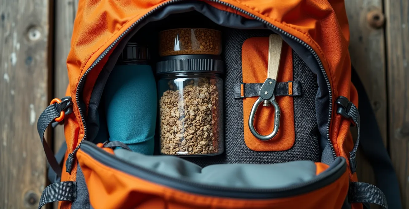 Vue macro d'un sac à dos ouvert montrant l'organisation méthodique de l'équipement