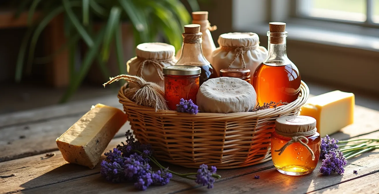 Panier en osier débordant de produits artisanaux québécois sur une table rustique