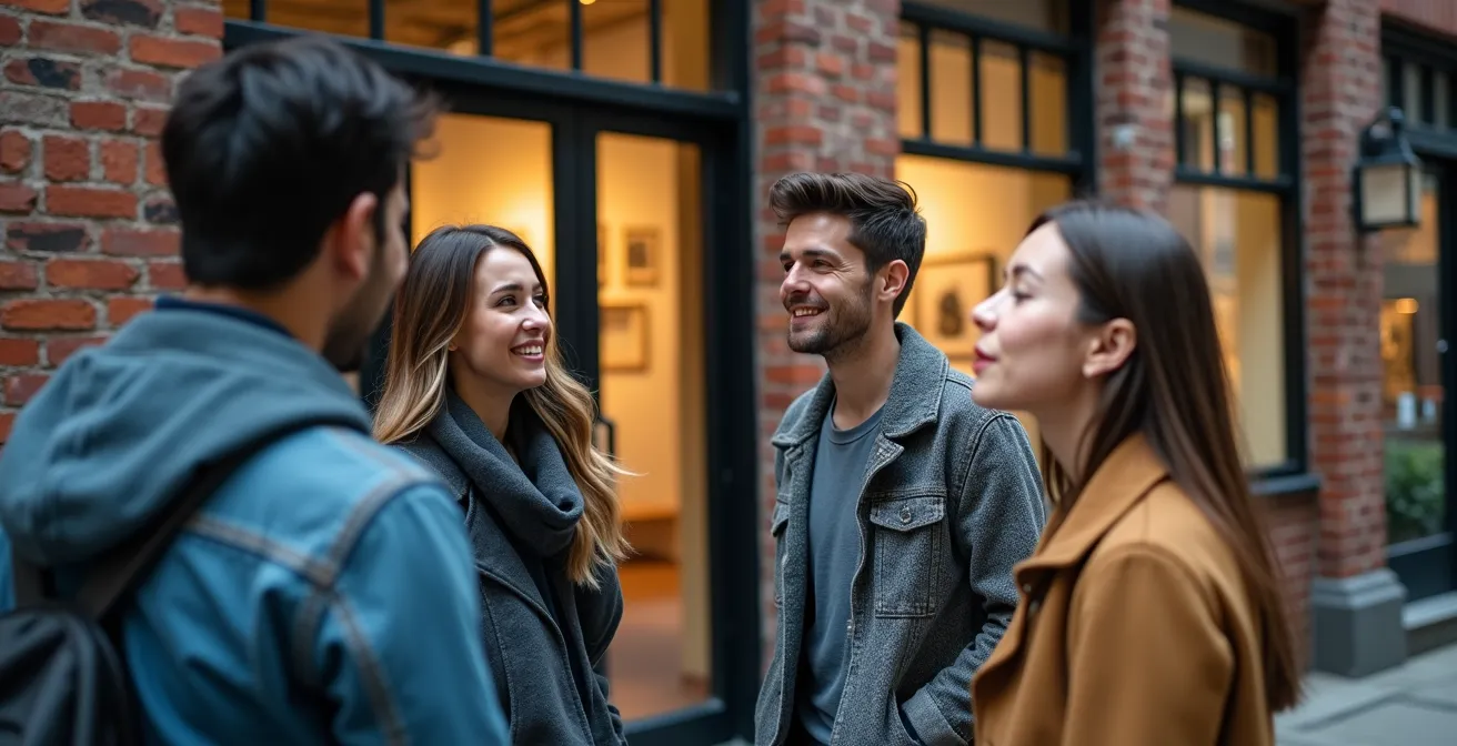 Groupe de visiteurs explorant les galeries d'art du quartier Mile End à Montréal