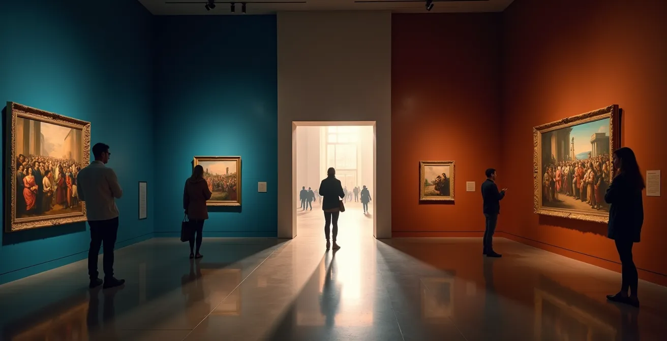 Perspective de galerie montrant la transition entre exposition temporaire animée et collection permanente sereine
