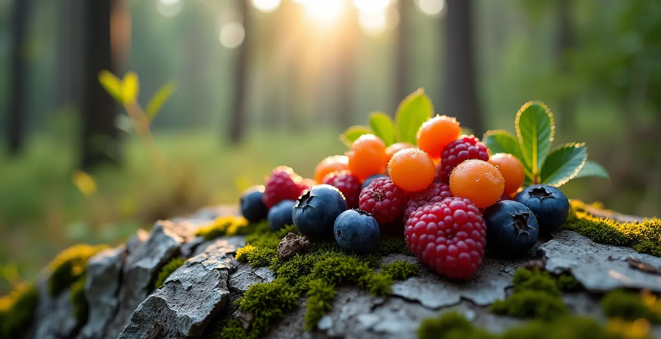 Arrangement naturel de petits fruits québécois dans un décor forestier boréal