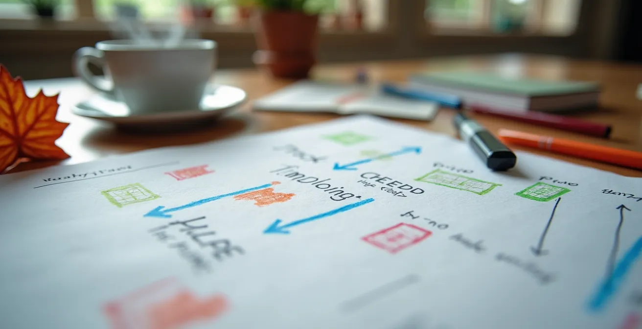 Vue macro d'outils de planification scolaire disposés stratégiquement sur une table familiale québécoise