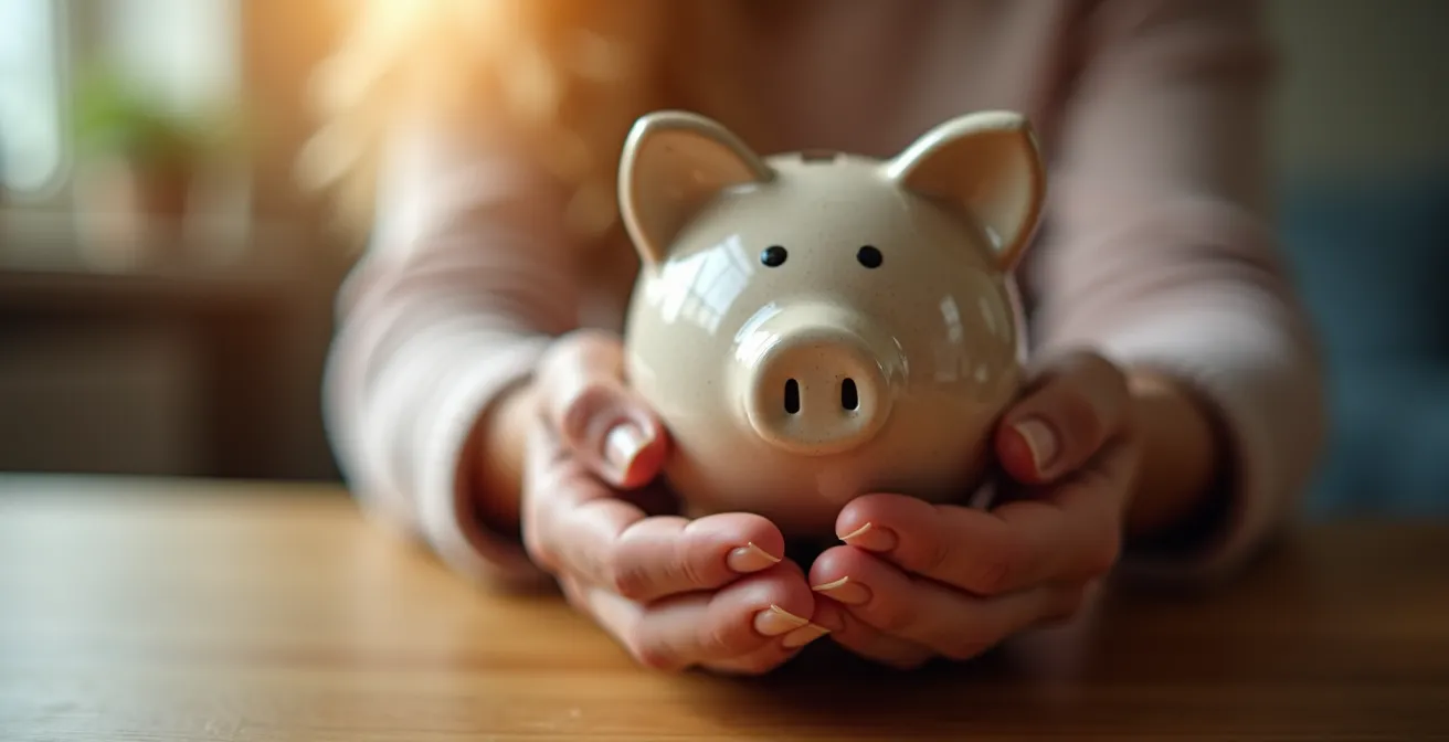 Gros plan sur des mains tenant délicatement une tirelire en forme de cochon avec arrière-plan familial flou