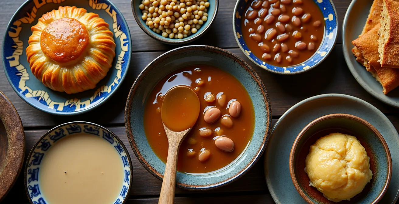 Table festive québécoise vue du dessus avec cinq plats traditionnels disposés en cercle
