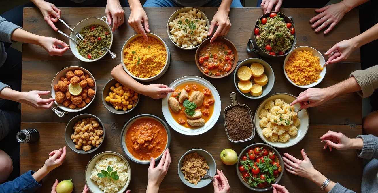 Vue aérienne d'une table avec multiples plats colorés apportés par différentes personnes