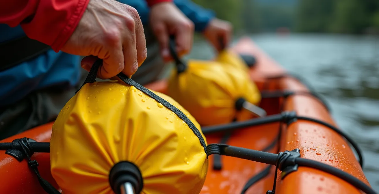 Groupe de kayakistes préparant leur équipement près de véhicules au point de mise à l'eau d'une rivière québécoise