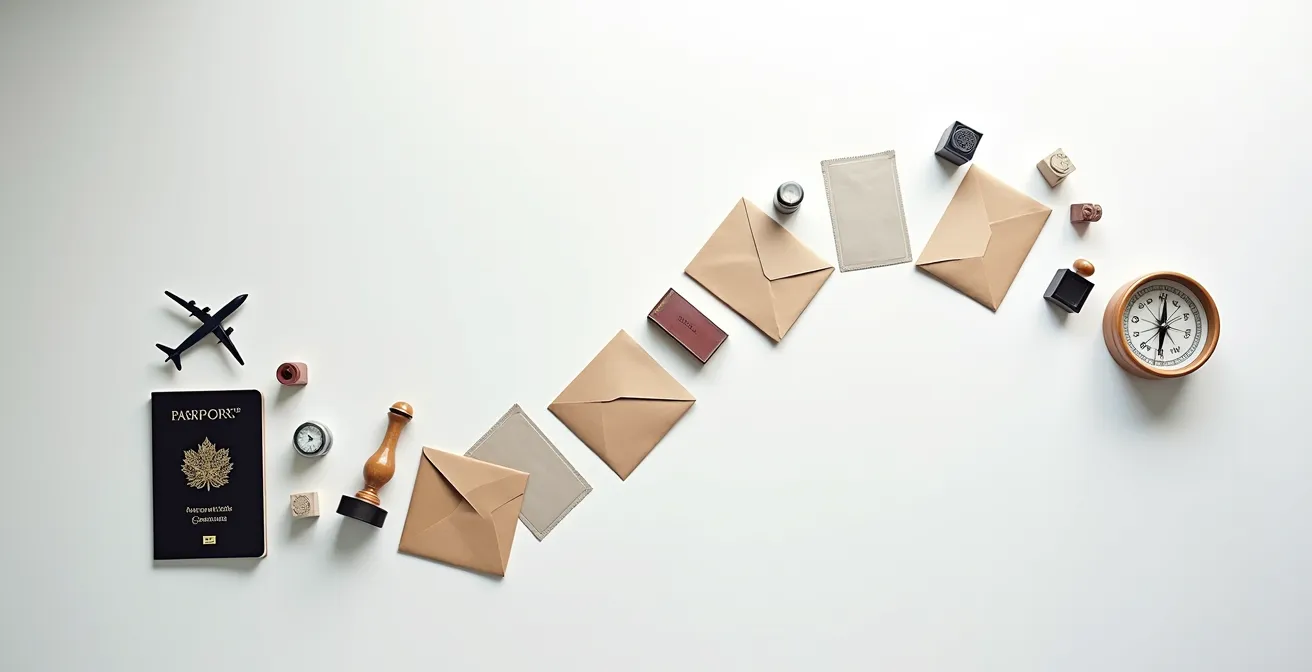 Vue aérienne d'un parcours administratif représenté par des objets de bureau organisés de manière fluide