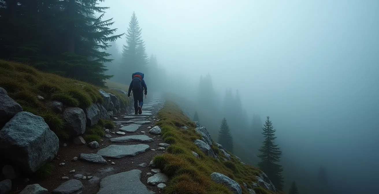 Randonneur solitaire progressant sur un sentier forestier québécois brumeux