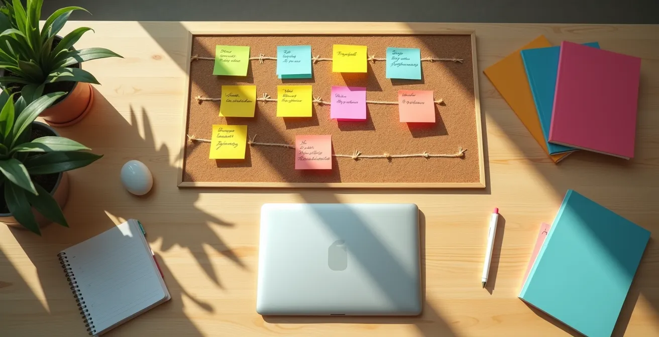 Vue aérienne d'un bureau organisé avec calendrier, dossiers colorés et ordinateur portable fermé